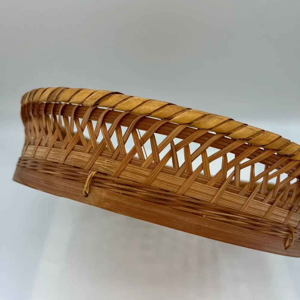 Vintage Rattan Basket Tray 11” Round Tan Cottagecore Farmhouse Bohemian Styles